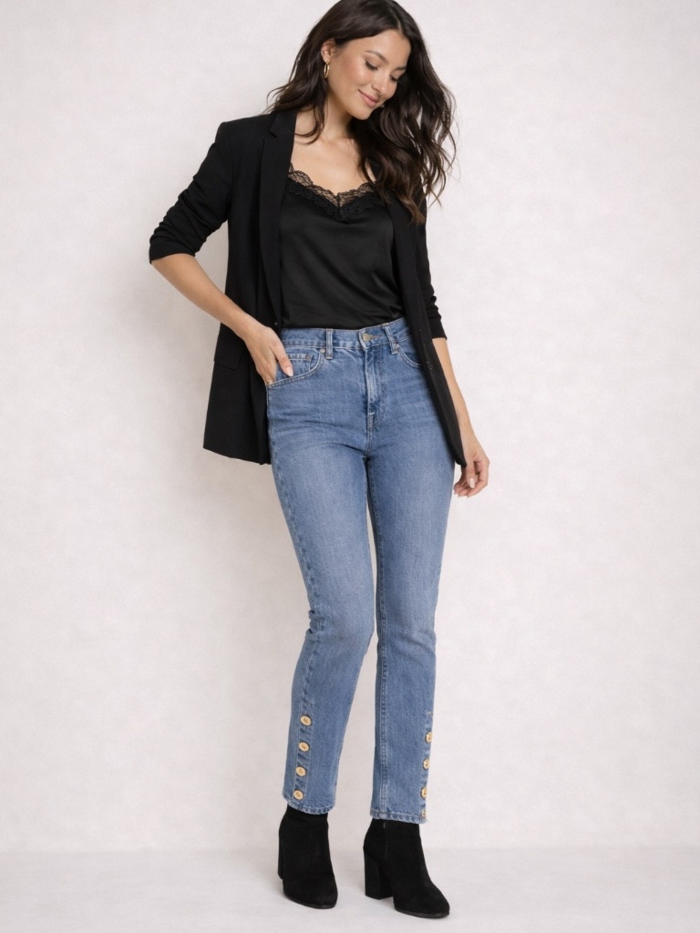 High-Waisted Relaxed Straight Jeans With Gold Embellishments